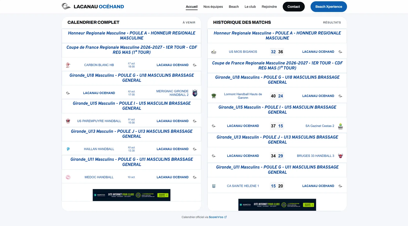 Calendrier et résultats des matchs sur le site Lacanau Océhand