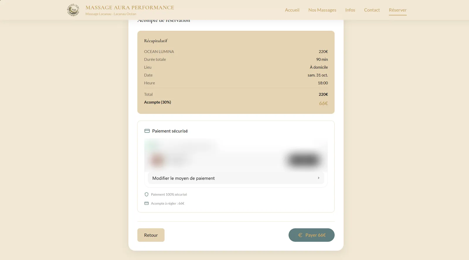 Paiement de l'acompte en ligne sur le site Massage Aura Performance