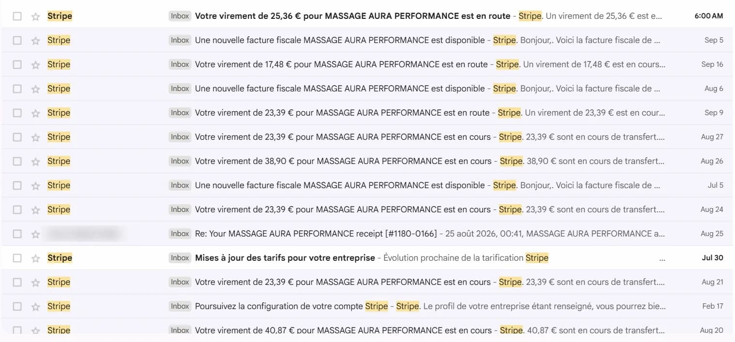 Virements Stripe des réservations payées en ligne sur le site Massage Aura Performance